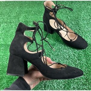 Zara Trafaluc Faux Suede Lace-Up Block Heel Pumps Strappy SZ 39 Women's